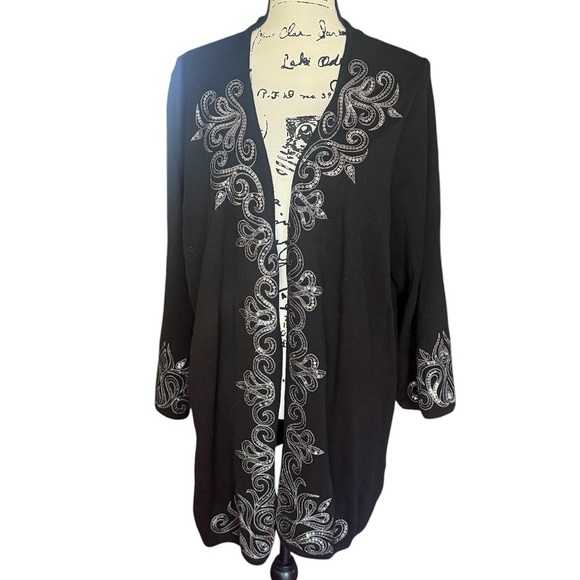 Bob Mackie Womens 3/4 Sleeve Open Front Cardigan Sequin Detail 2X Black NWT - Picture 1 of 8